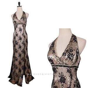 Vintage Prom Dress Maxi Gown Black Lace Y2K Glam Goth Slit Halter Bead Sequin